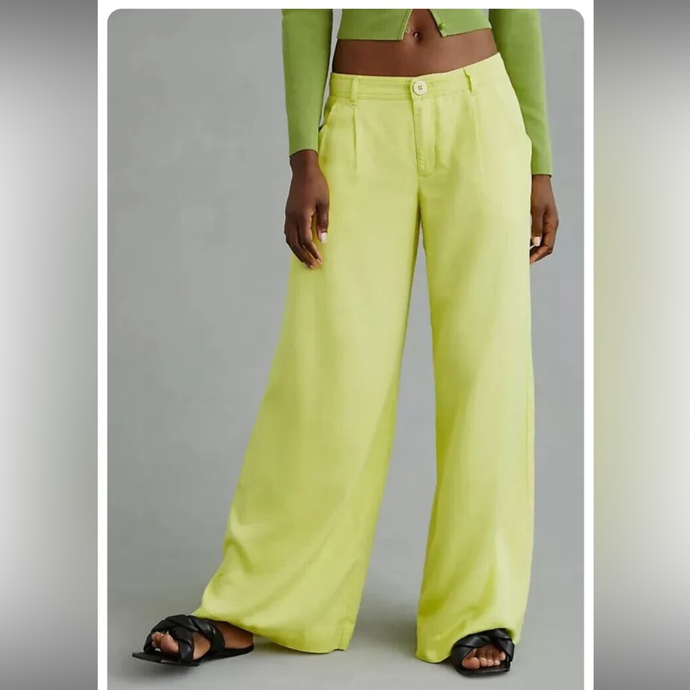 NWT Anthropologie wide Leg Pants Trousers in Neon Light Yellow. Size 12.